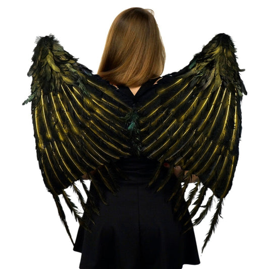Custom Black and Gold Feather Evil Fairy Feather Wings  - Raven Costume Accessory