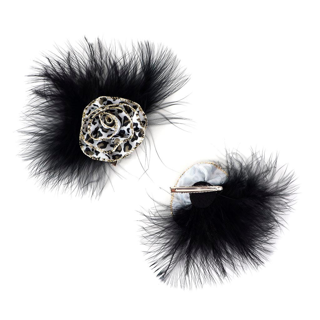 Marabou Ostrich Feather Clip w/Ribbon Black/Silver/White