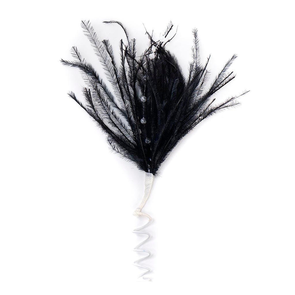 Feather Floral Pick w/Ostrich-Pearls - Black