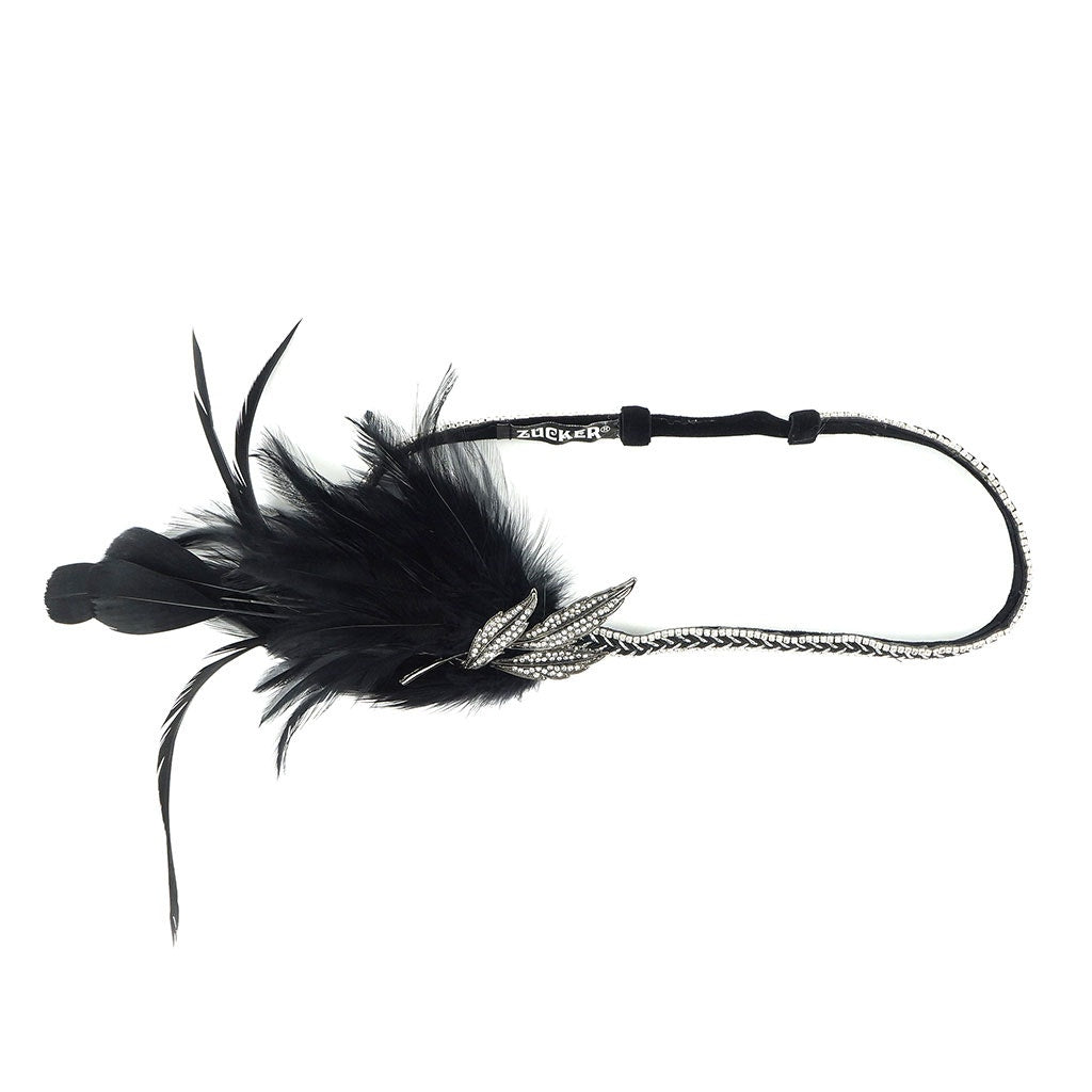 Gatsby Feather Headband w/Rhinestone Leaf - Black and Silver
