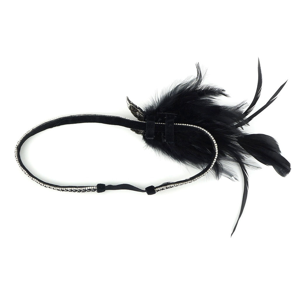 Gatsby Feather Headband w/Rhinestone Leaf - Black and Silver