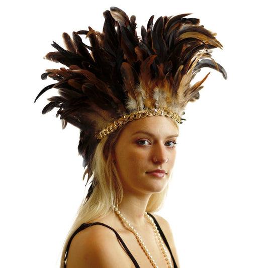 Large Sequined Adjustable Feather Spirit Headdress - Natural