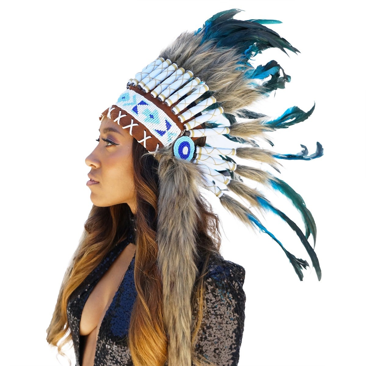 Tribal Style Feather Headdress - Dark Turquoise