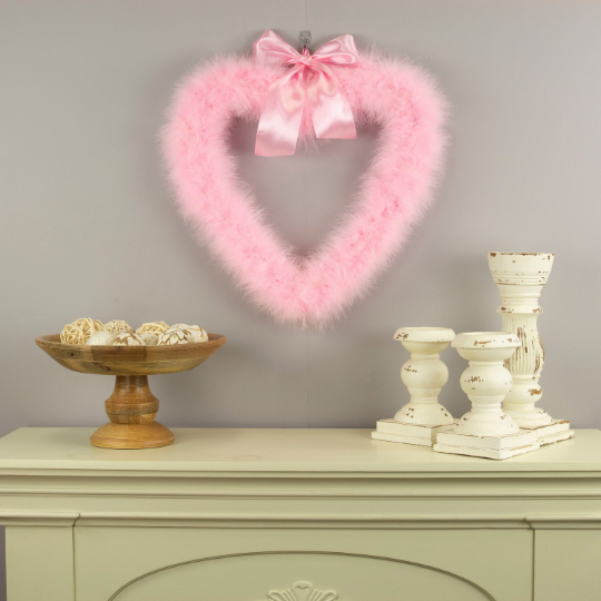Decorative Candy Pink Heart Shaped Feather Wreath and Wall Art