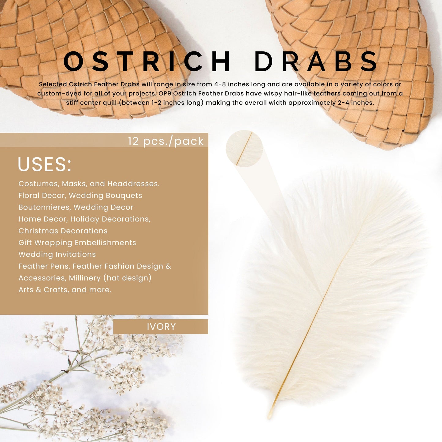 Ivory Ostrich Feather Drabs  Bulk 4-8 Inches 100 Pieces Craft