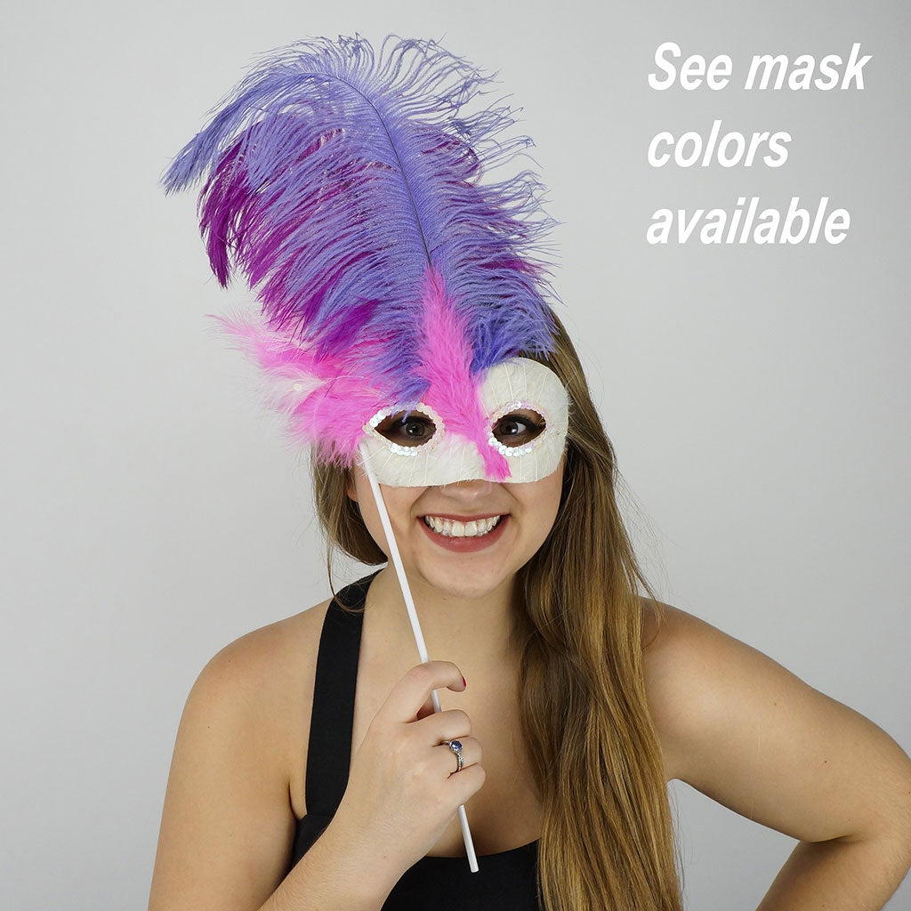 Pink-White Feather Mask w/Ostrich Feathers Lime/Shocking Pink