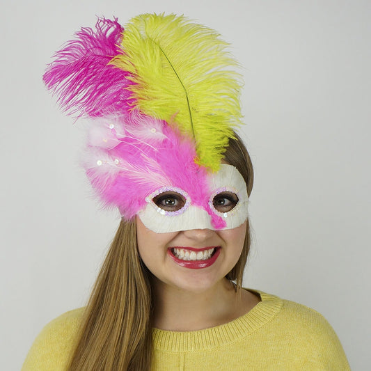 Pink-White Feather Mask w/Ostrich Feathers Lime/Shocking Pink