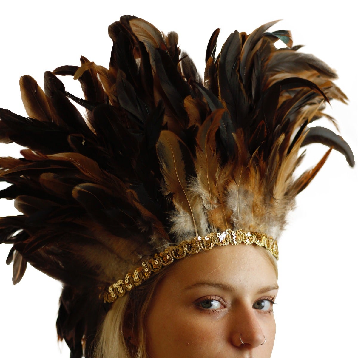 Large Sequined Adjustable Feather Spirit Headdress - Natural