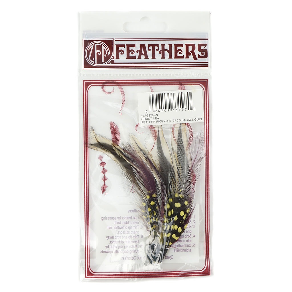 Hackle-Guinea Feather Pick - Natural, Yellow & Burgundy