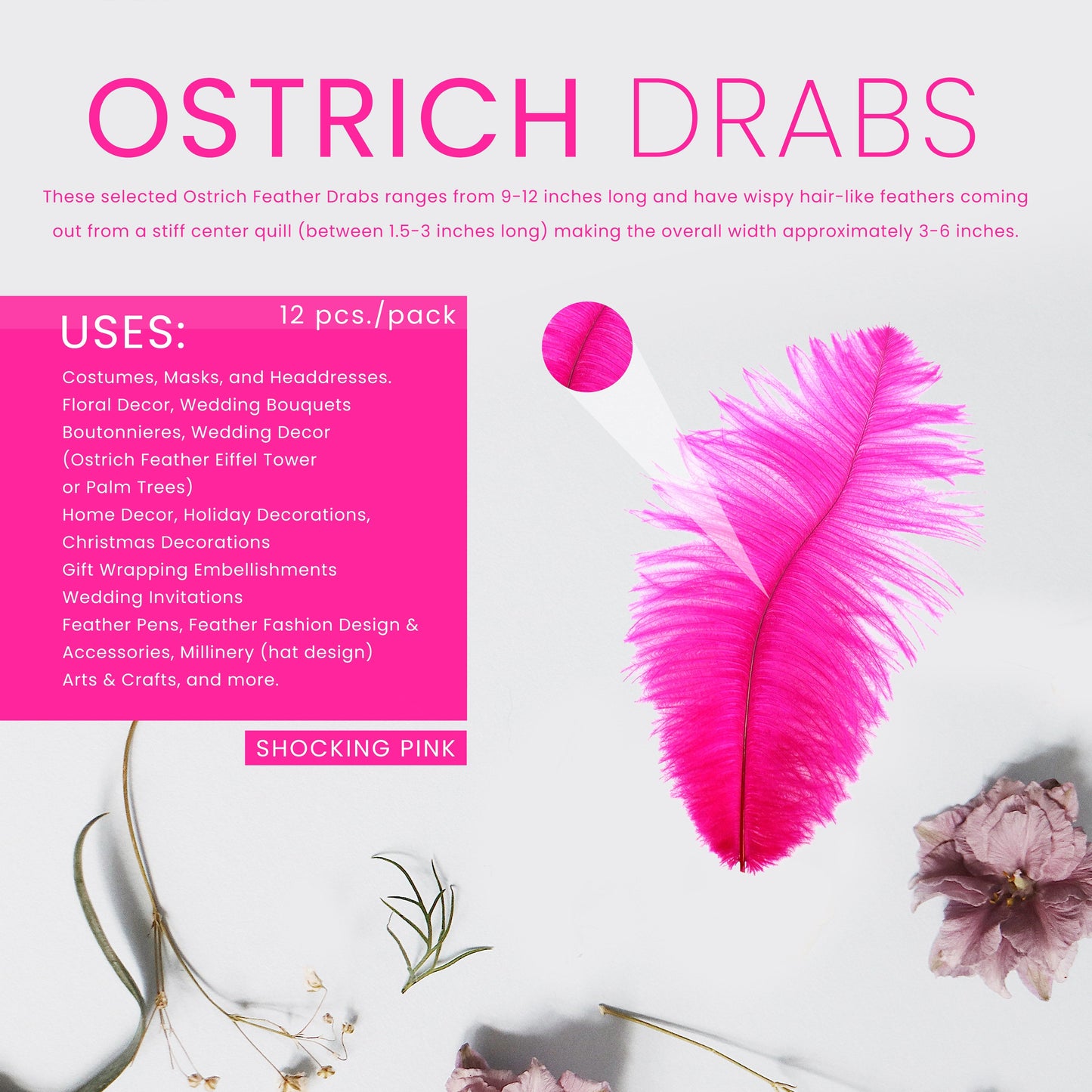 Ostrich Feathers 9-12" Drabs - Shocking Pink