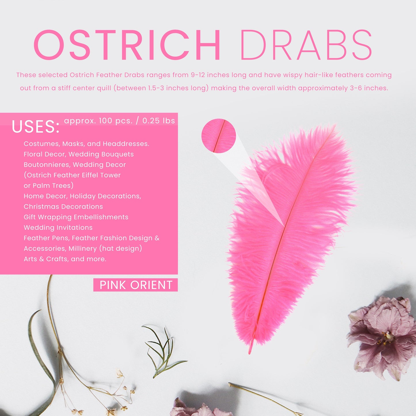 Ostrich Feathers 9-12" Drabs - Pink Orient