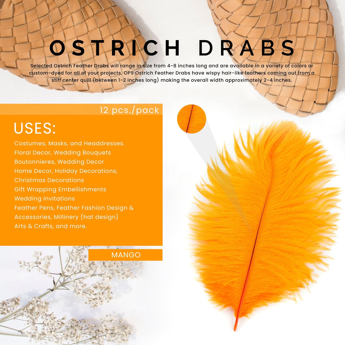 Ostrich Feathers 4-8" Drabs - Mango