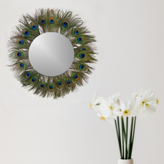 Peacock Feather Wall Art with Silver Mirror