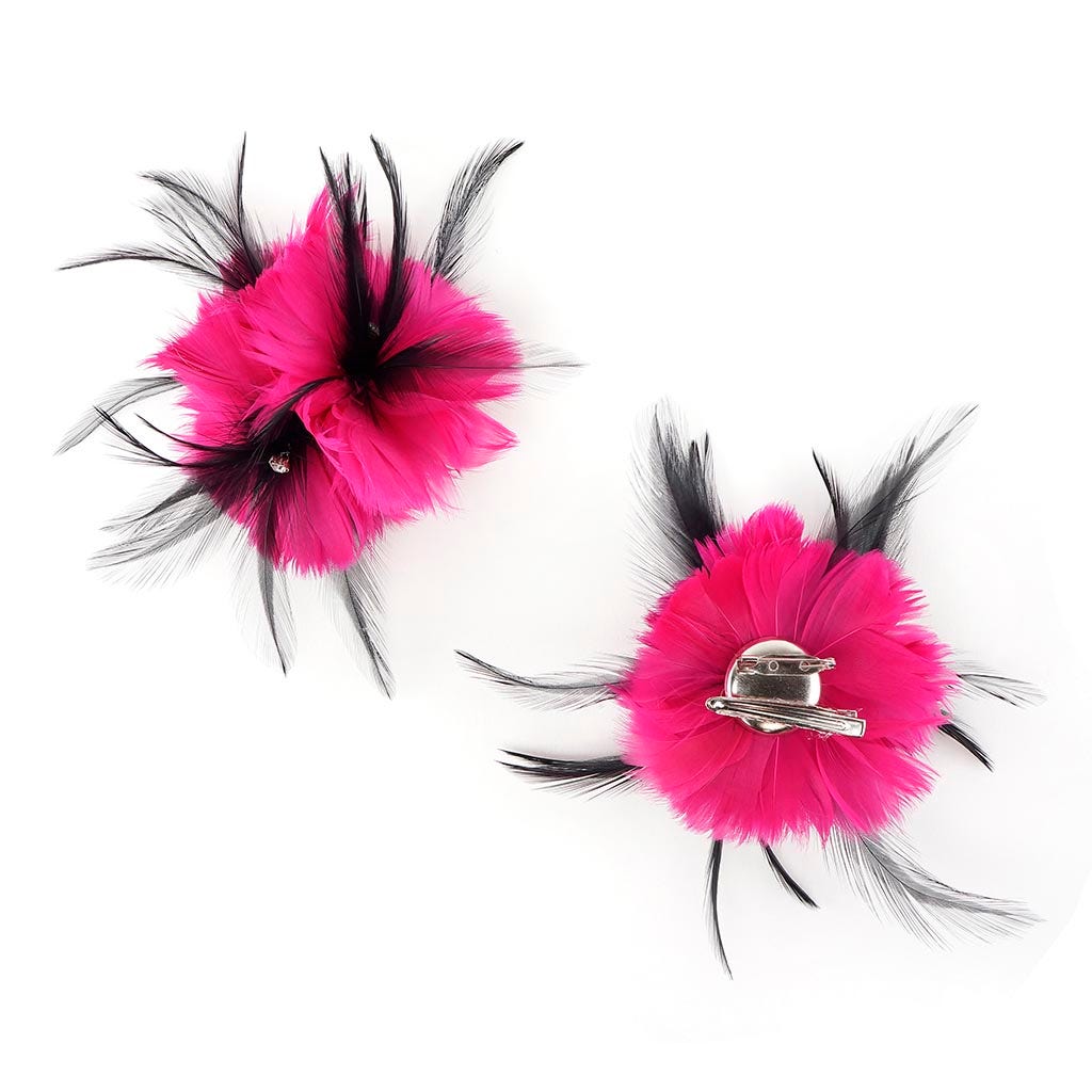 Feather Corsage-Coquille-Hackle-Jewel - Shocking Pink/Black