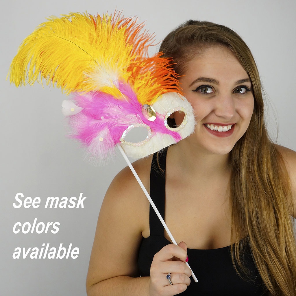 Pink-White Feather Mask w/Ostrich Feathers Shocking Pink/Regal