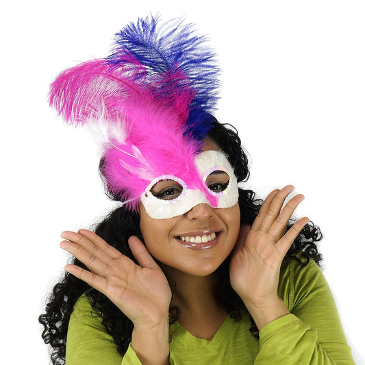 Pink-White Feather Mask w/Ostrich Feathers Shocking Pink/Regal
