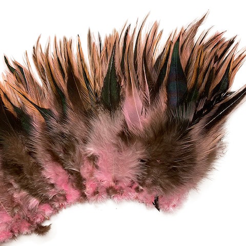 Badger Rooster Saddle Feathers Strung - 2" strip of 4-6" Rooster Feathers - Candy Pink