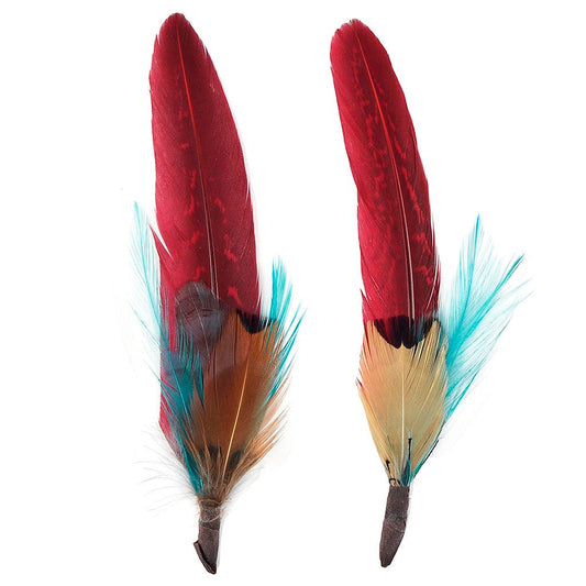 Pheasant Hackle Feather Hat Trims - Dark Aqua- Tango Red - Natural