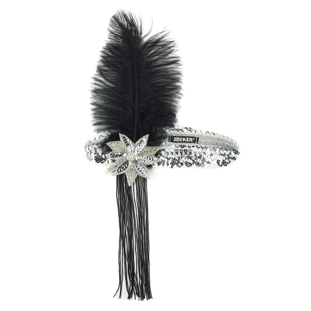 Flapper Feather Headband w/Tassel - Silver and Black