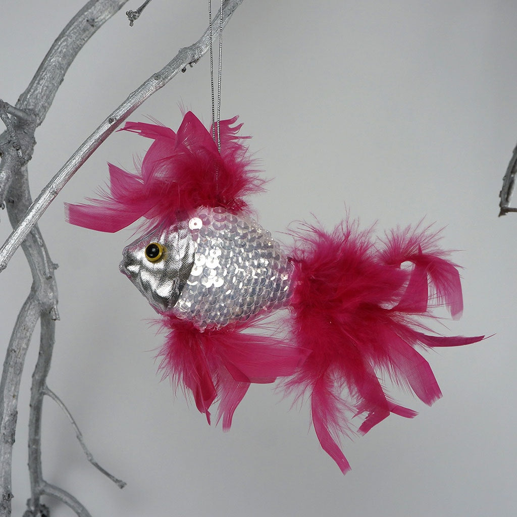 Feather Fish Ornament Silver/Shocking Pink