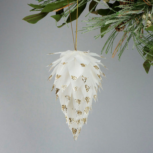 Pine Cone Ornament w/Glitter White w/Gold