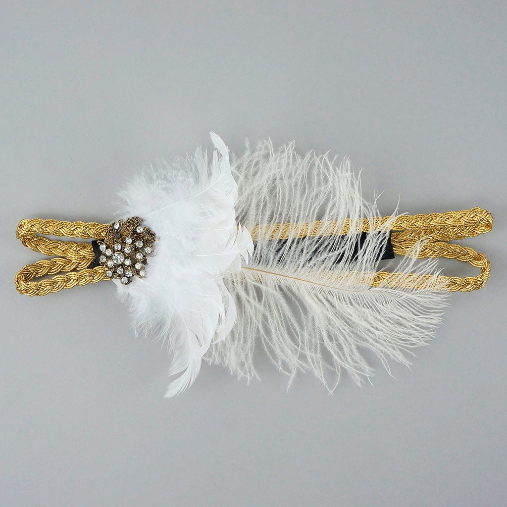 Feather Headband w/Ostrich/Schlappen White/Gold
