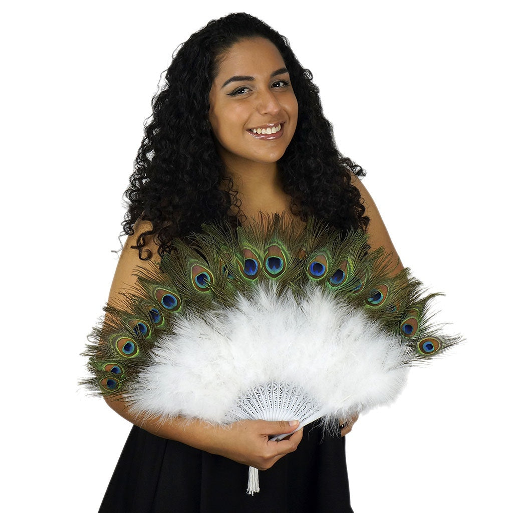 Marabou-Peacock Feather Fan - White
