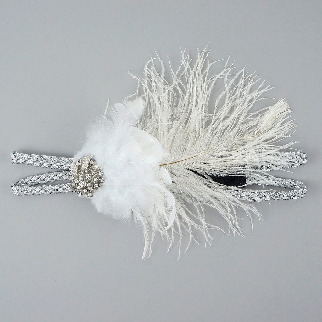 Feather Headband w/Ostrich/Schlappen White/Silver