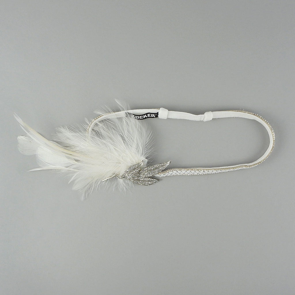 Gatsby Feather Headband w/Rhinestone Leaf - White and Silver