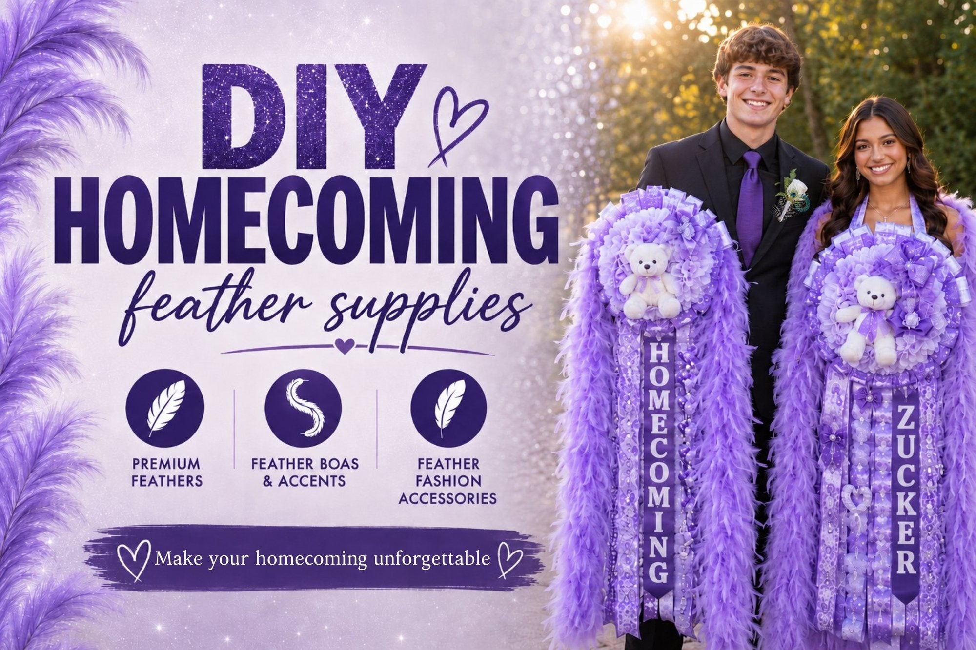 DIY homecoming feather supplies — premium feathers, feather boas and accents for homecoming mums and garters